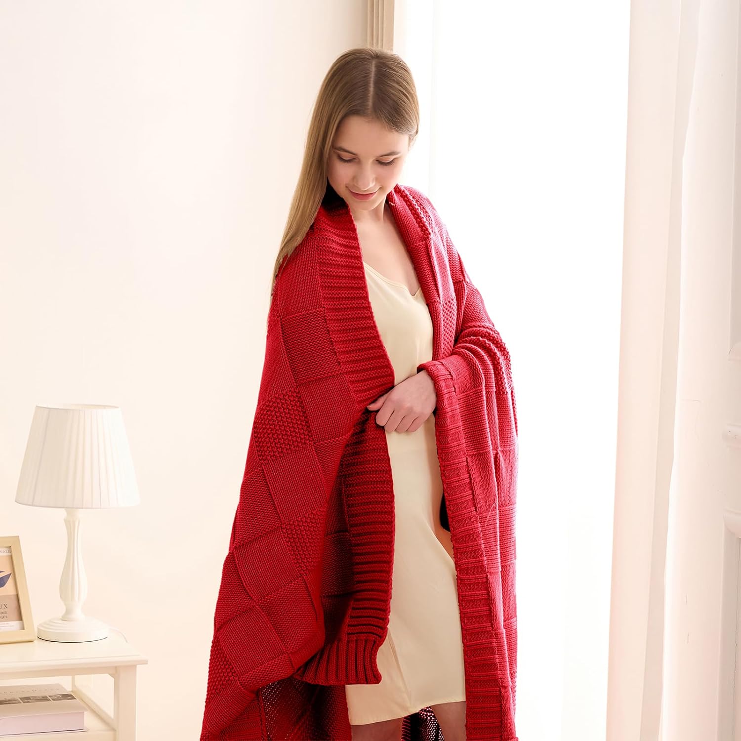 CozeCube Knit Throw Blanket,Christmas Red Checkered Bedroom Blanket for Couch,Soft Cozy Warm