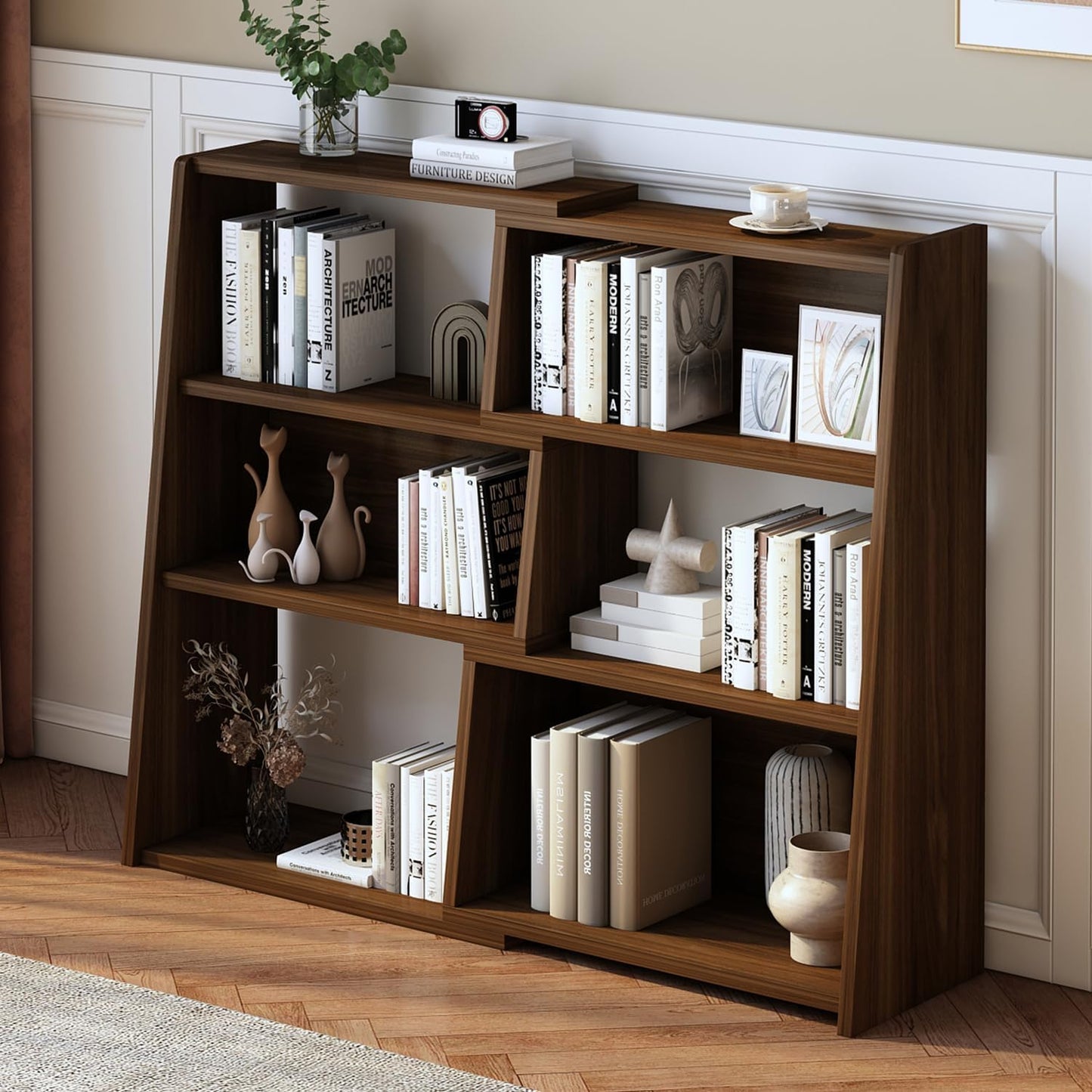 IOTXY Wooden Extendable Shelf Bookcase - 3-Tier Ladder Low Short Bookshelf for Small Space or
