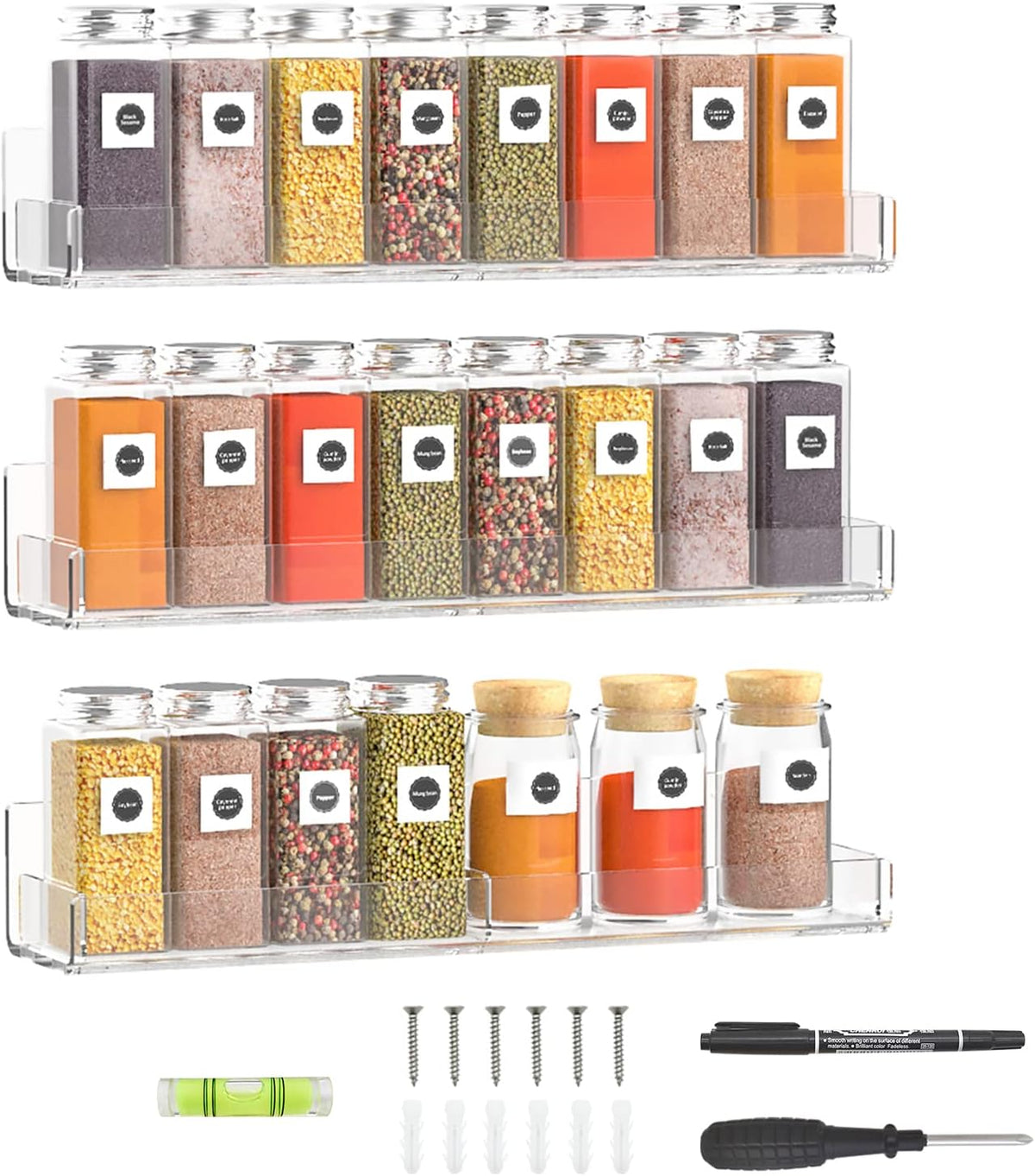 15 Inch Acrylic Spice Rack Wall Organizer Set of 3, Clear Acrylic Wall Shelf for Home Organizer
