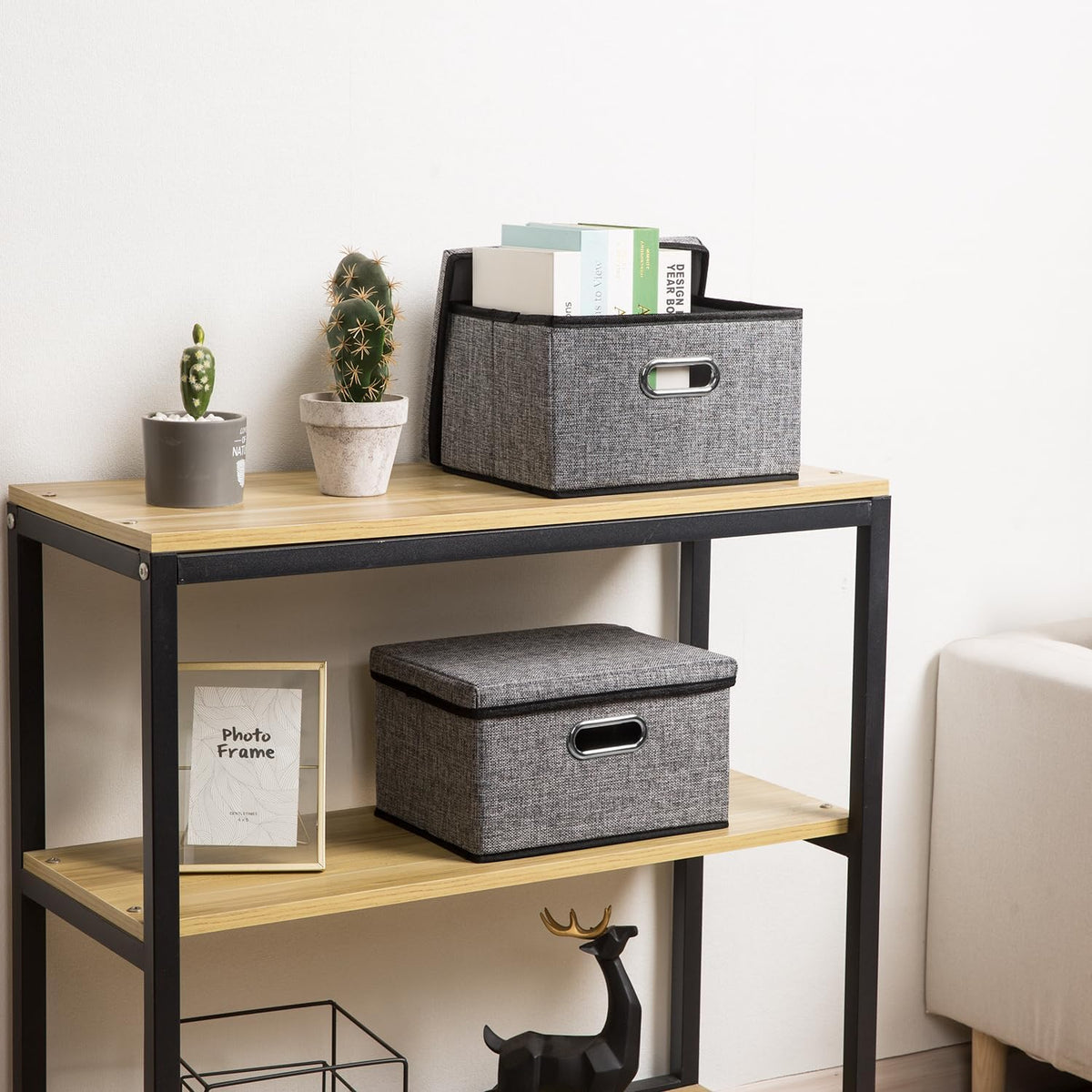 PRANDOM Storage Bins with Lids [3-Pack] Linen Fabric Foldable Storage Boxes Organizer Containers