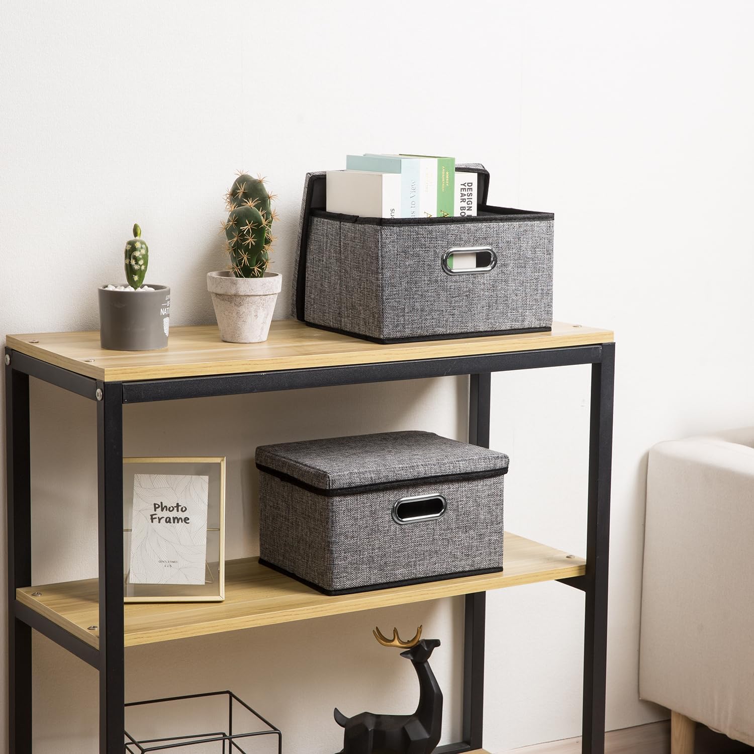 PRANDOM Storage Bins with Lids [3-Pack] Linen Fabric Foldable Storage Boxes Organizer Containers