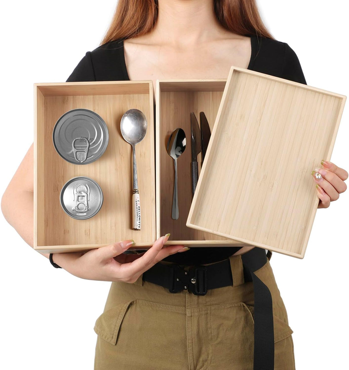 Stackable Bamboo Drawer Organizer Set – 2 Boxes with 1 Lid | Wood-Laminated Trays for Kitchen