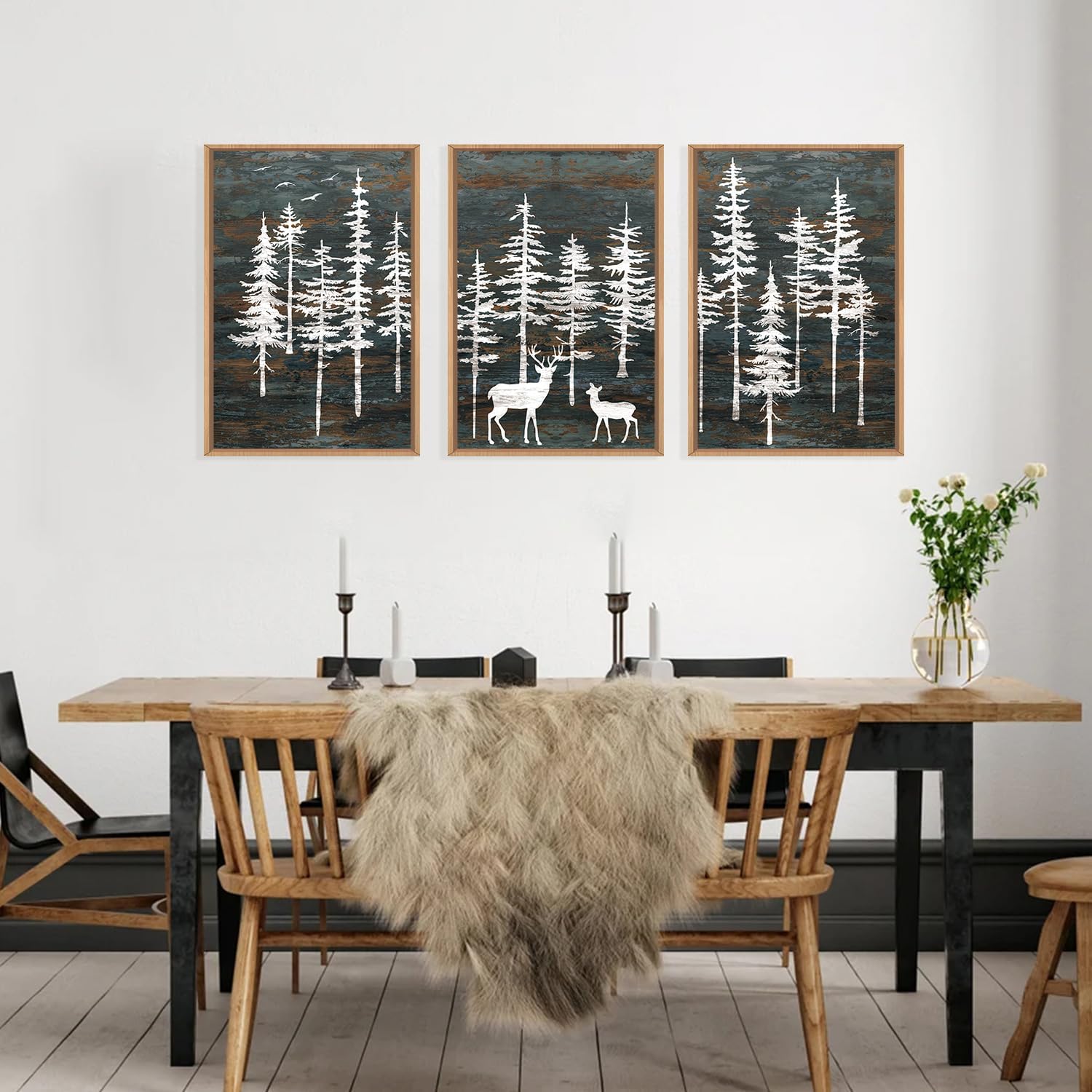 Celestdeco Modern White Forest Framed Canvas Wall Art Set, Minimalist Woodland Art Painting, Retro