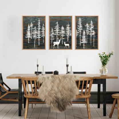 Celestdeco Modern White Forest Framed Canvas Wall Art Set, Minimalist Woodland Art Painting, Retro