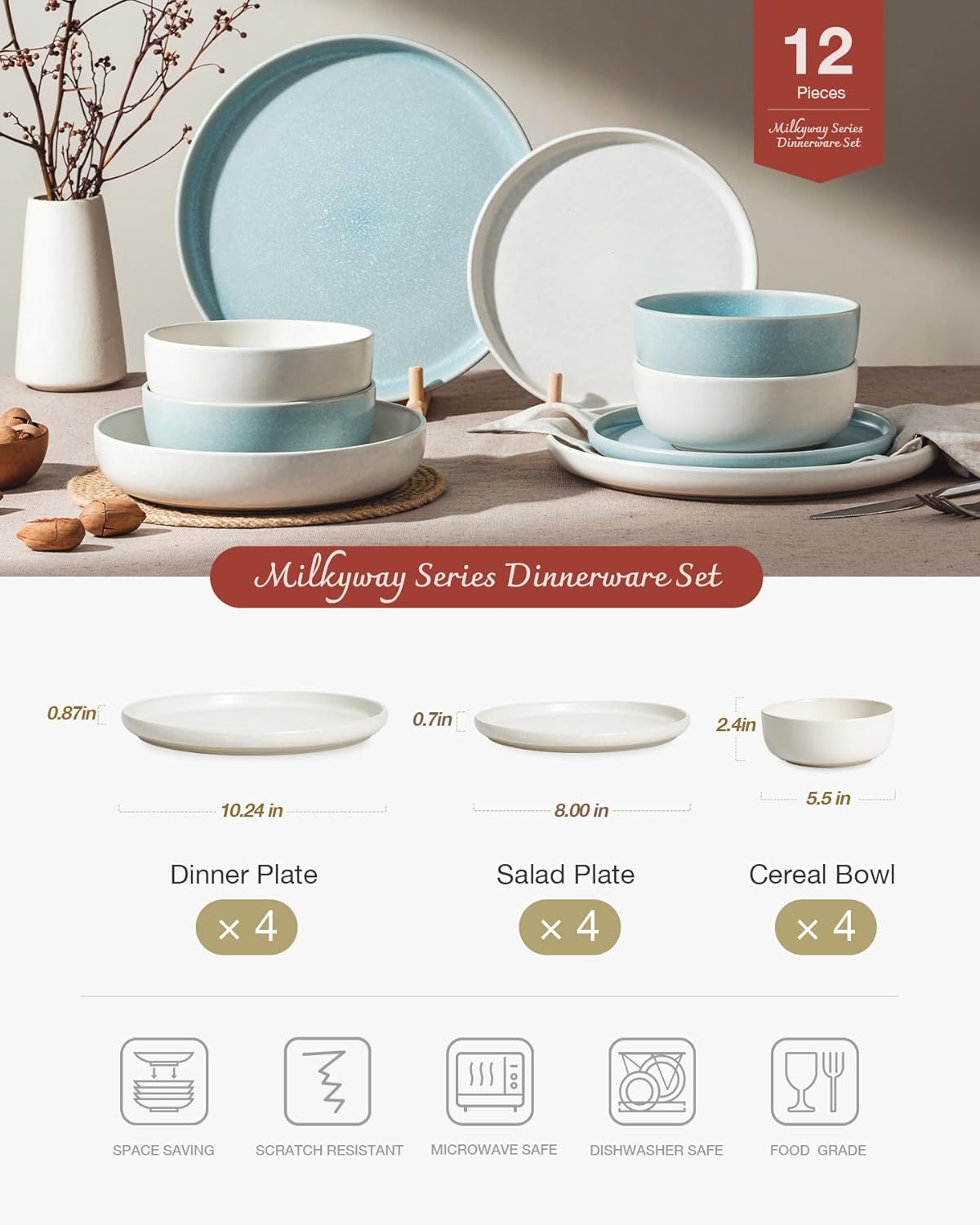 Famiware Milkyway Plates and Bowls Sets, 12 Pieces Dinnerware Sets, Reactive Glaze Dish Set