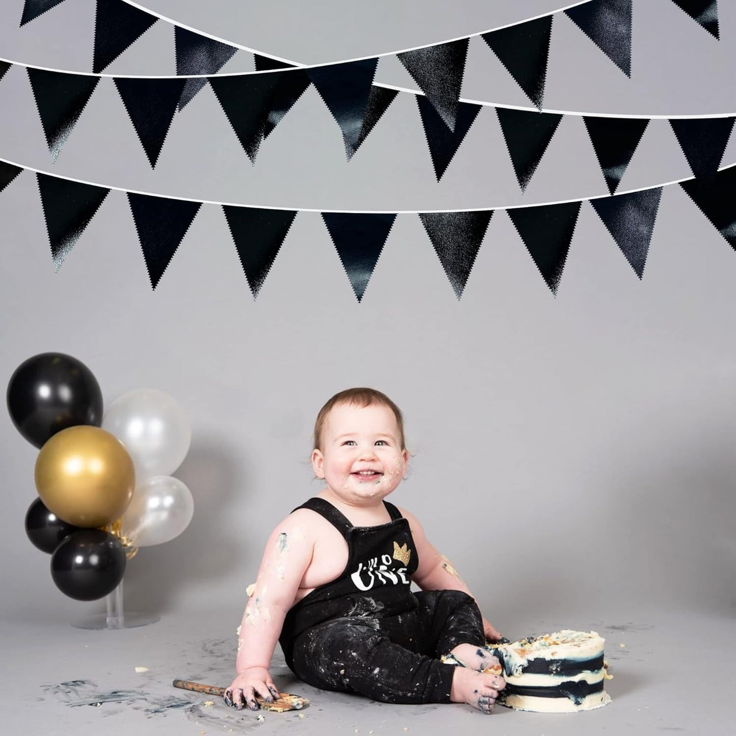 Black Party Decorations Triangle Pennant Banner Flag Black Metallic Fabric Bunting Garland for