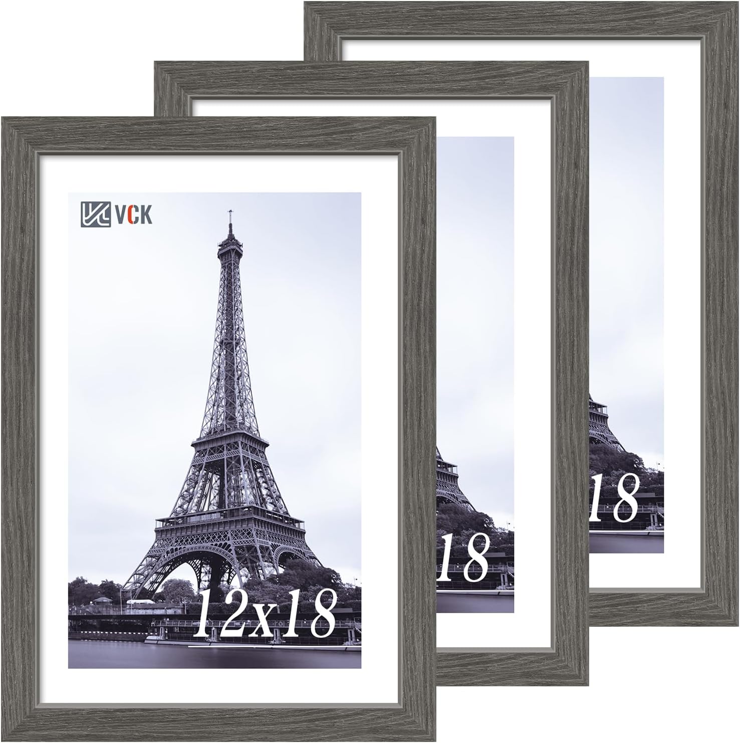 VCK 12x18 Frame Set of 3, Gray Solid Wood Poster Picture Frame, Exclusive Wood Grain, Wall Gallery