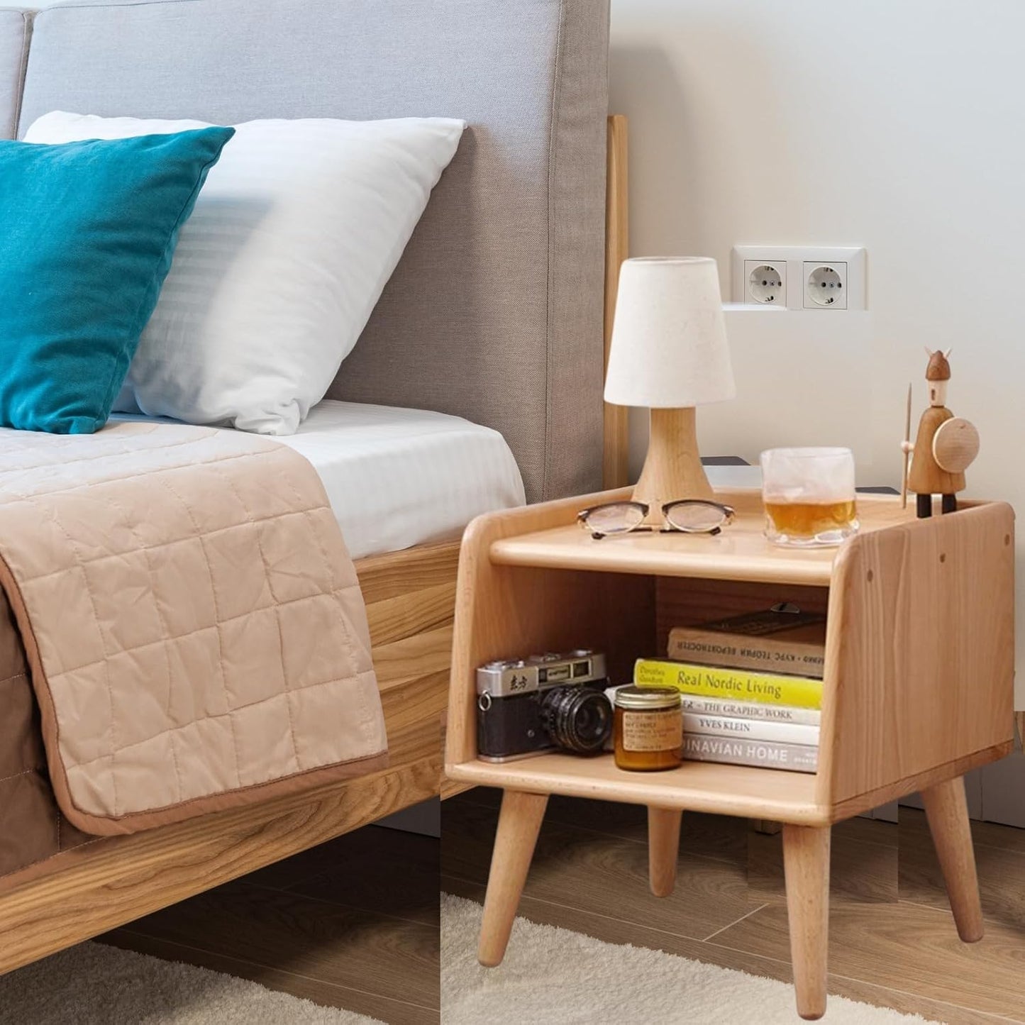 Small Nightstand, 100% Solid Oak Wood Bedside Table, Mid Century Modern Nightstand with Open