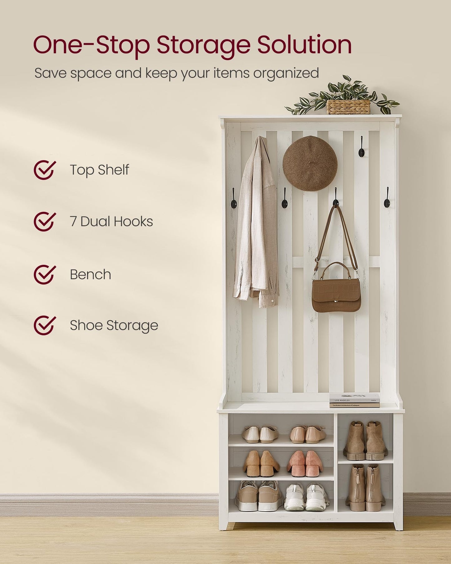VASAGLE Hall Tree with Bench and Shoe Storage, 7 Double Hooks