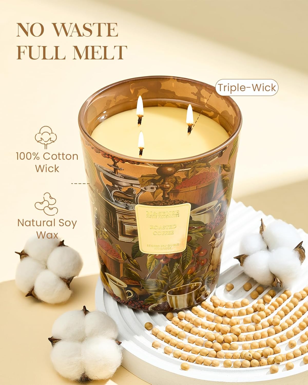 M&SENSE Roasted Coffee Scented Candle, 3 Wick Soy Natural Wax Candles, 35oz 150H Long Lasting