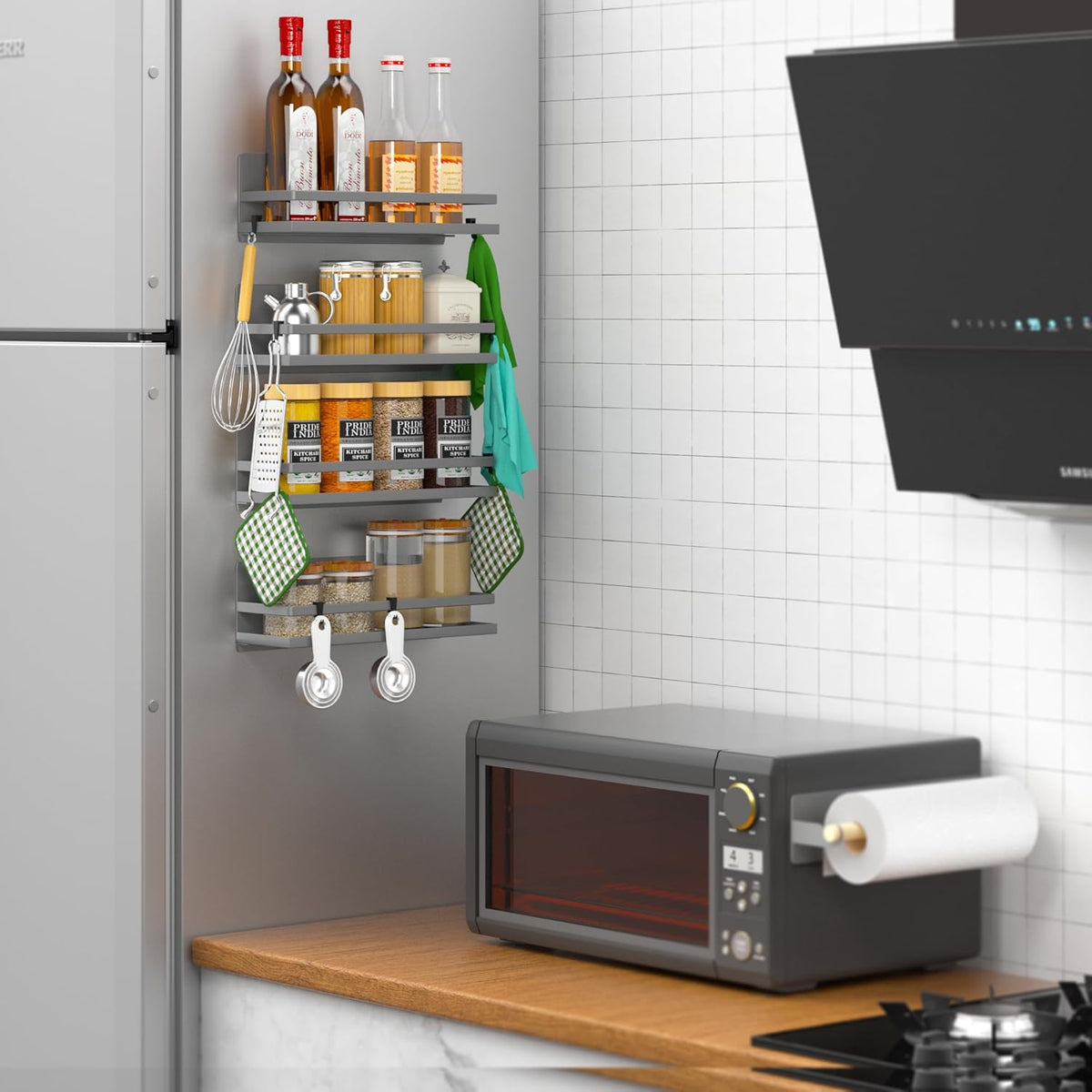 Magnetic Spice Rack Moveable Magnetic Shelf Organizer with Paper Towel Holder Kitchen Refrigerator