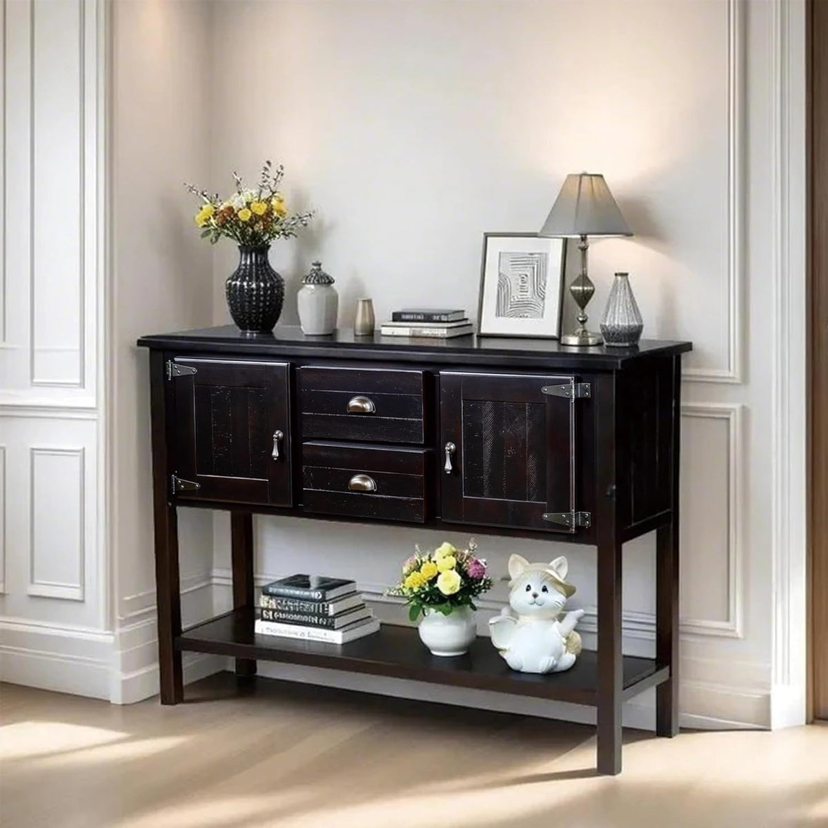 Solid Wood Farmhouse Console Table,Sofa Table with Storage Drawers and Shelves,Entryway Table for