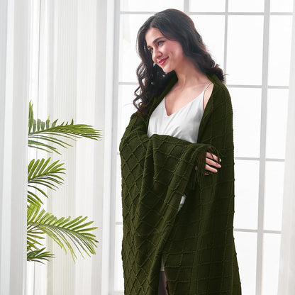 inhand Knitted Throw Blankets for Couch and Bed, Soft Cozy Knit Blanket with Tassel, Dark Green