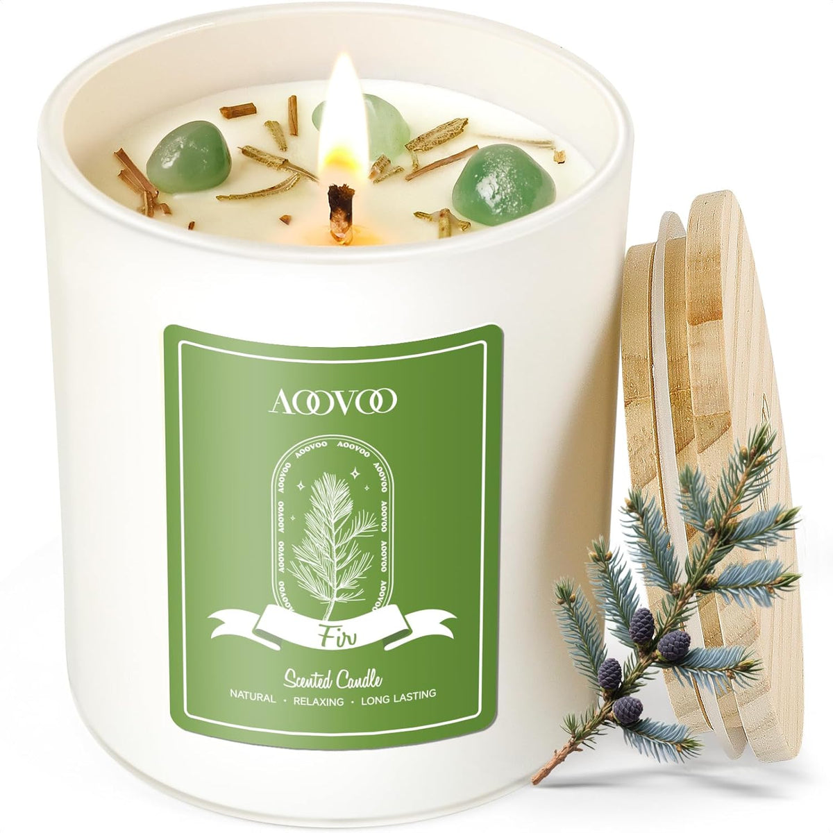 AOOVOO Fir Scented Candles for Women - Aromatherapy Candle with Crystals Inside, 10oz Soy Candles