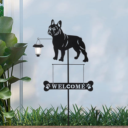 BAYN Solar French Bulldog Silhouette Dog Breed Welcome Sign with a Lantern Outdoor Decorative