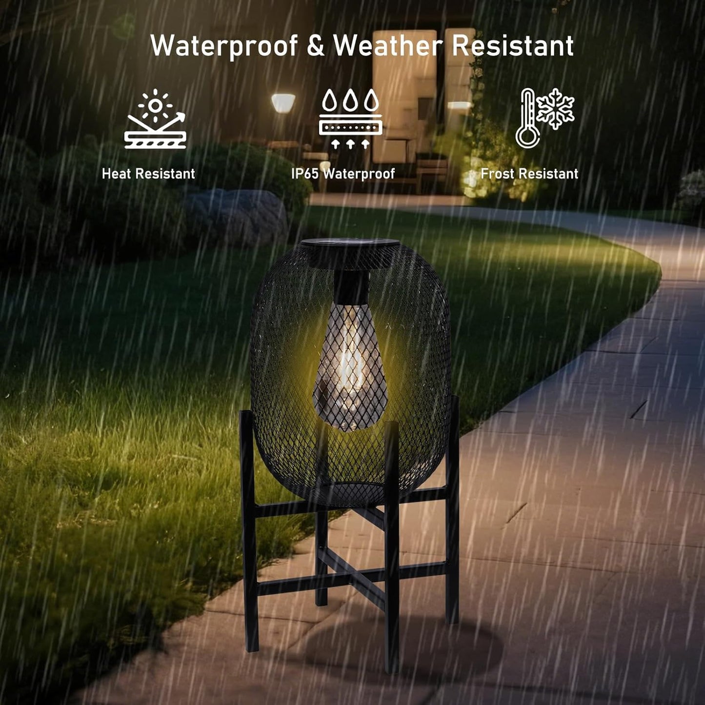 Solar Mesh Lantern Outdoor – 13.8" Tall Black Metal Patio Light with Edison Glass Bulb, Solar