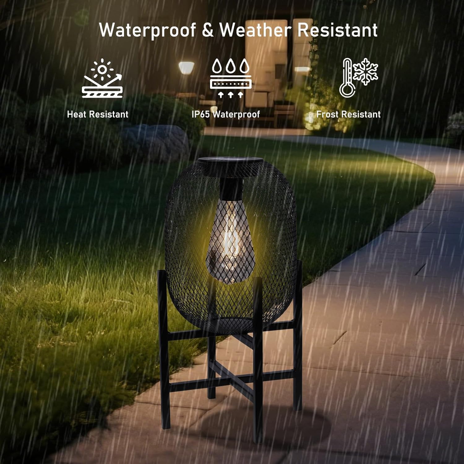 Solar Mesh Lantern Outdoor – 13.8" Tall Black Metal Patio Light with Edison Glass Bulb, Solar