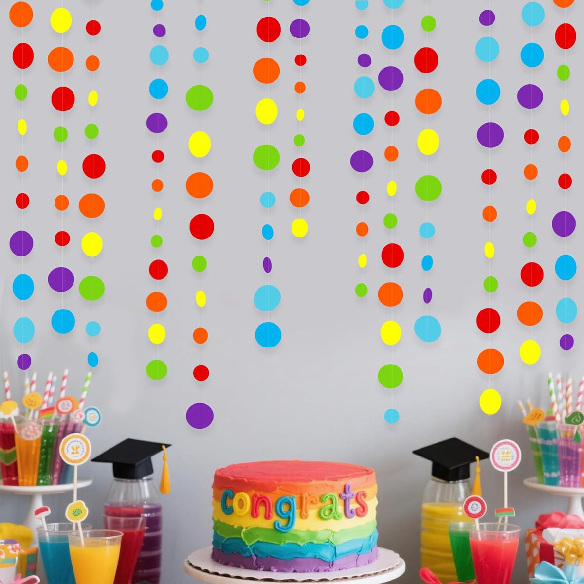 46Ft Rainbow Garland Colorful Circle Dots Hanging Paper Streamer Backdrop Multi Color Polka Dot