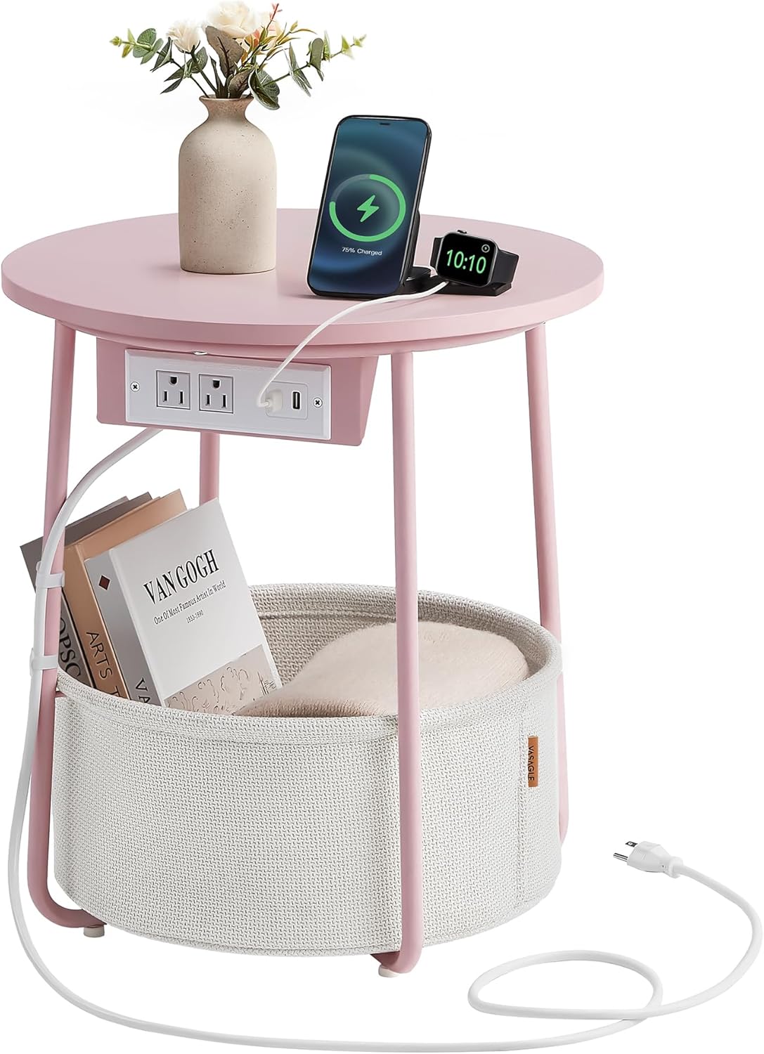 VASAGLE Side Table with Charging Station, Round End Table with Fabric Basket, Nightstand with Power