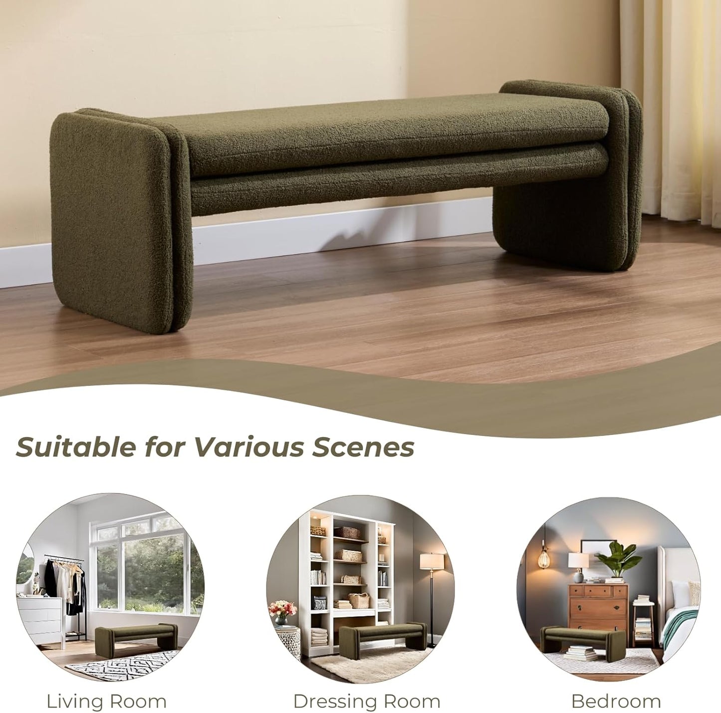 Green Boucle Bench 50" Sherpa End of Bed Bench Modern Upholstered Bench for Bedroom Entryway Living