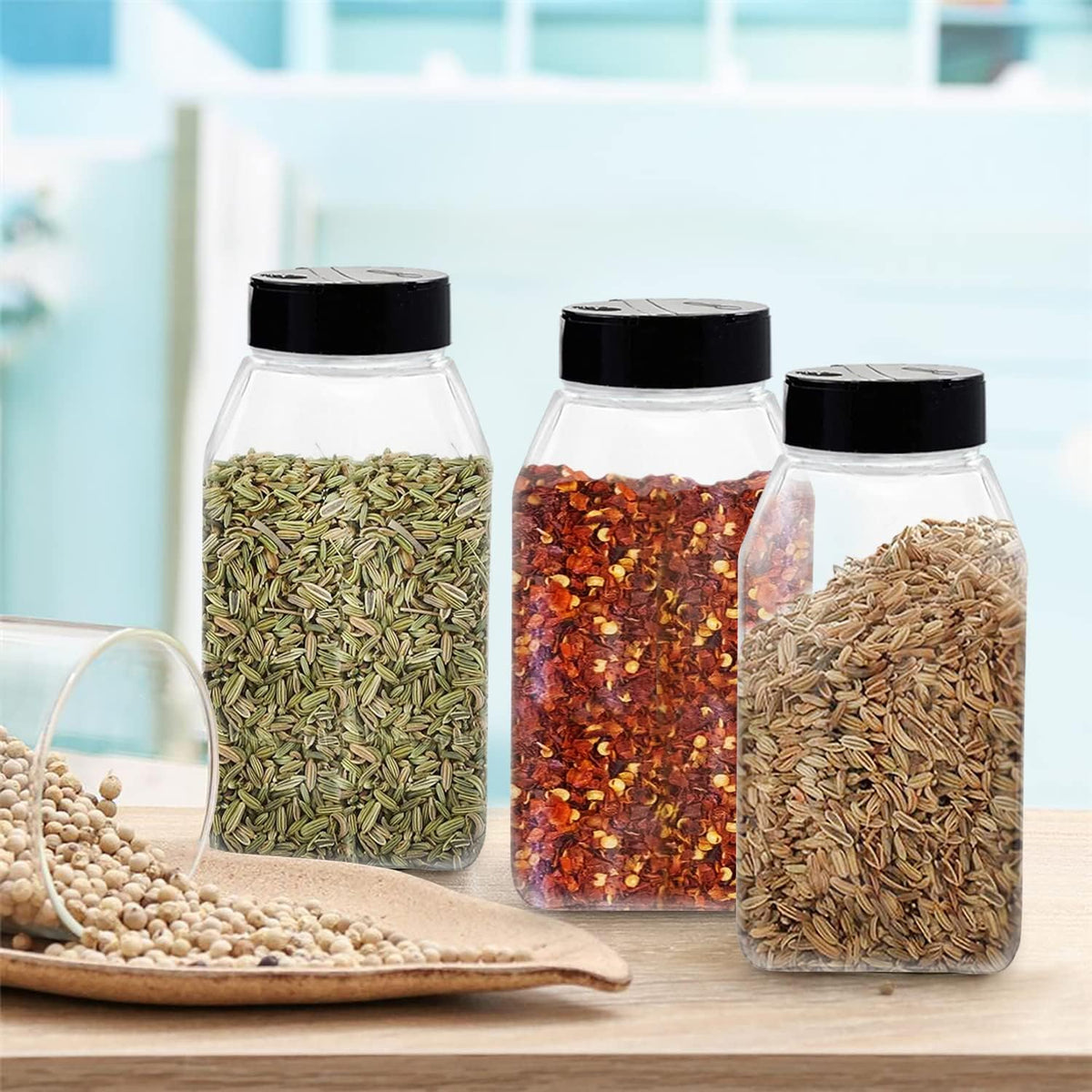 ROYALHOUSE 6 PACK 32 Oz with Black Cap, Plastic Spice Jars Bottles Containers, Perfect for Storing