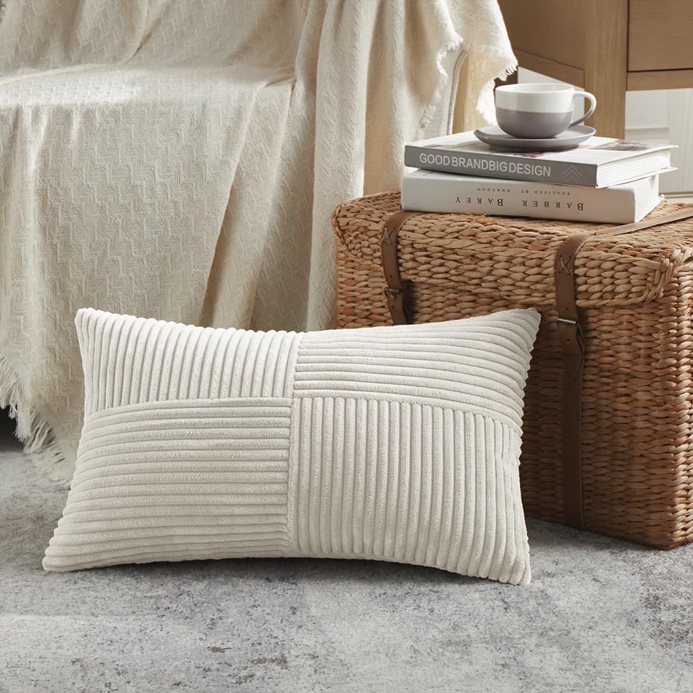 Fancy Homi 2 Packs Cream Lumbar Decorative Throw Pillow Covers 14x24 Inch for Living Room Couch Bed