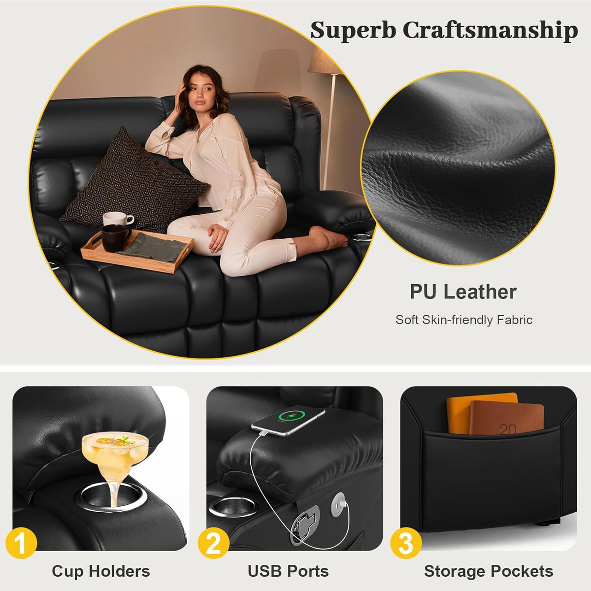 Loveseat Recliner Sofa Set with 2+1+1 Pieces, 2 Seater Minimalist Style Manual Pull Tab Reclining
