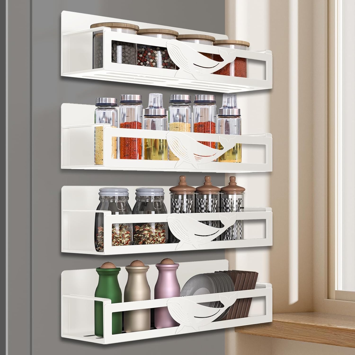 Magnetic Spice Rack for Refrigerator, 4-Pack Metal Seasoning Organizer for Kitchen Storage