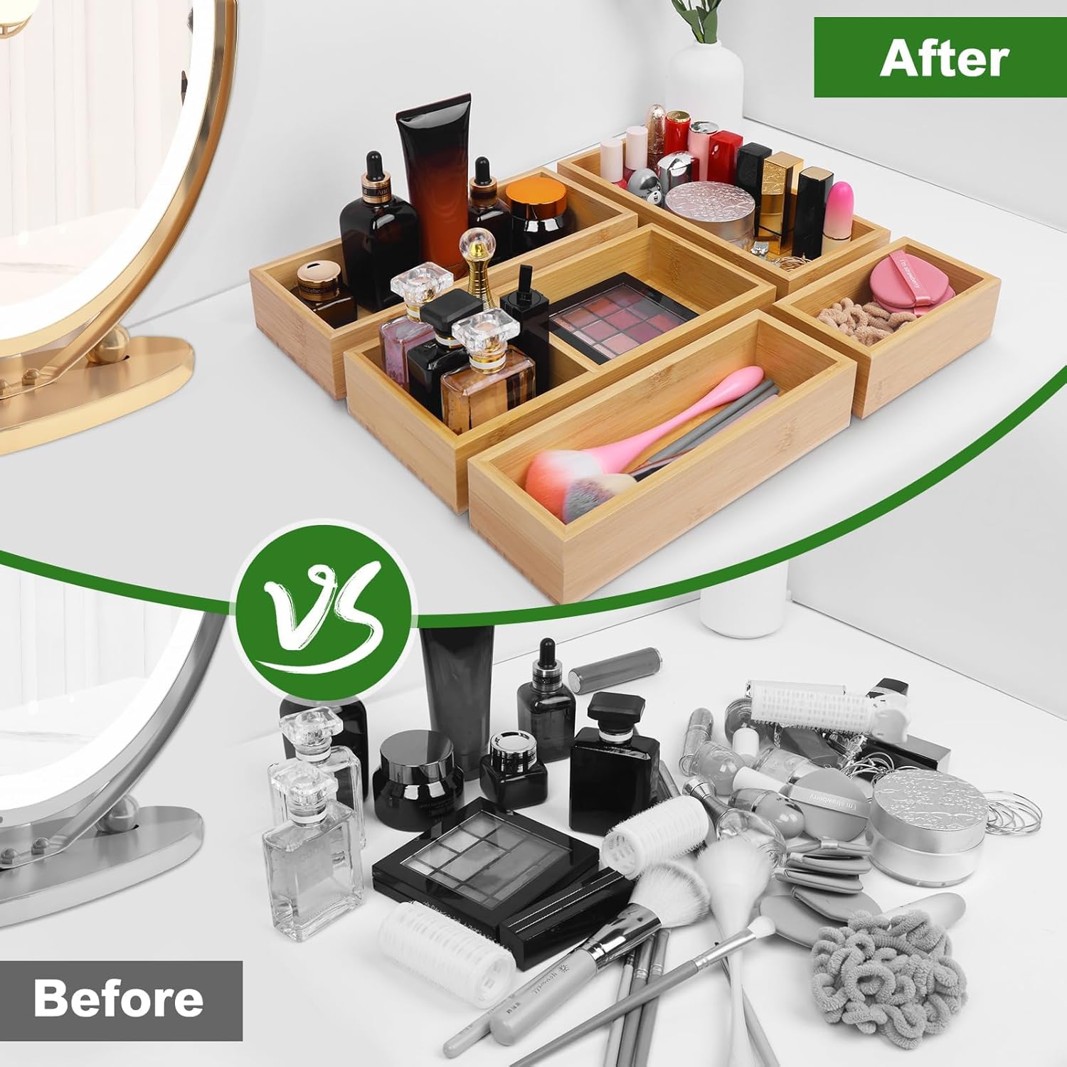 Bamboo Drawer Organizer Set, 5 PCS Multi-Use Individual Wood Storage Organizers, Junk Drawer