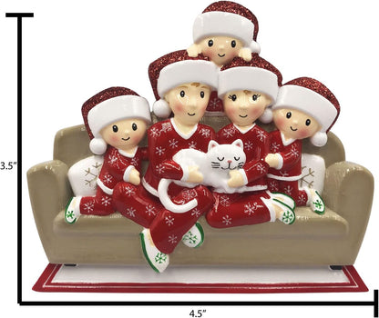 3D Matching Pajama Family of 5 with Cat Ornament 2025 Personalized Family Christmas Ornaments 2025