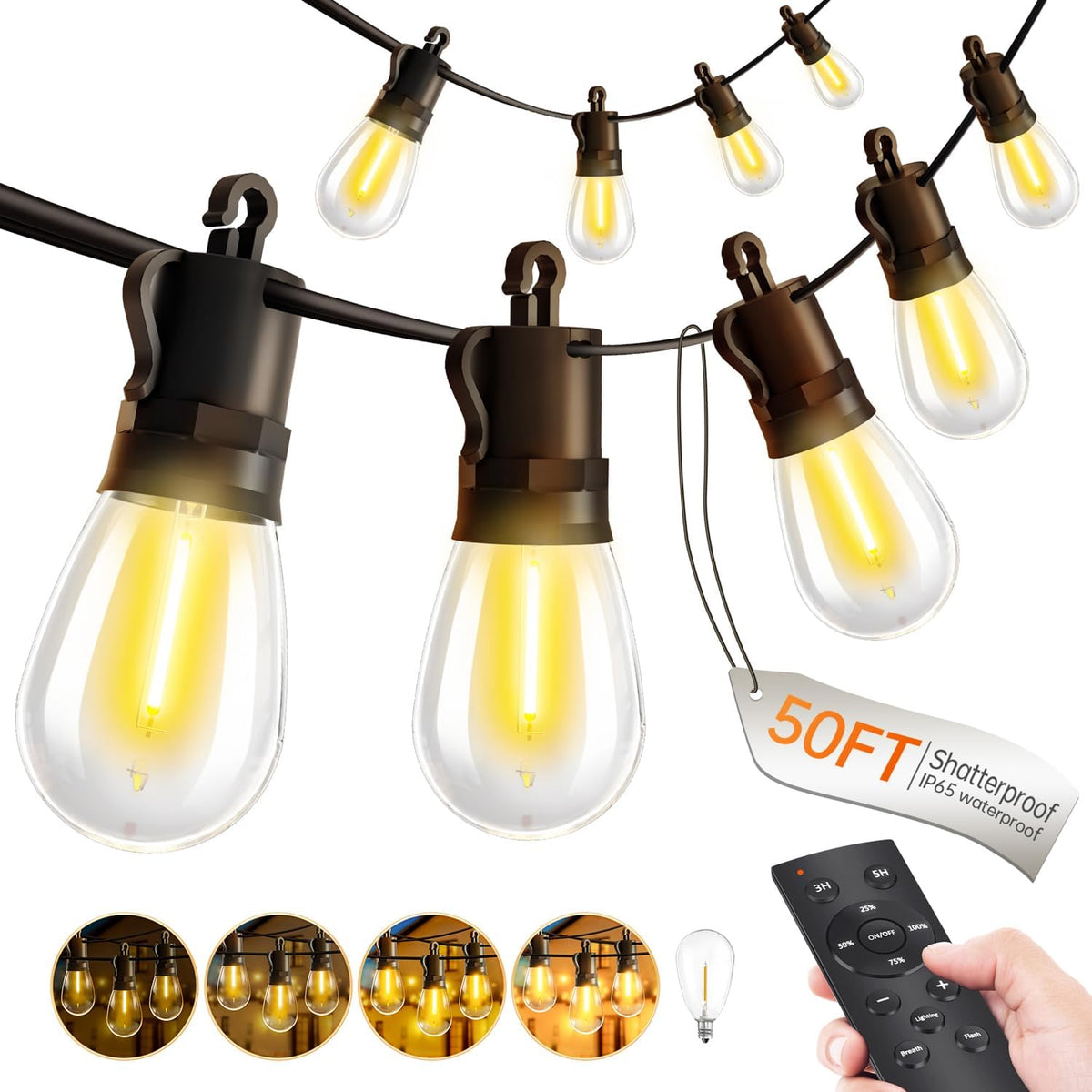 Outdoor-String-Lights-Patio-LED-Light-Outside 50Ft 15M Waterproof Remote Dimmable S14 LED Porch