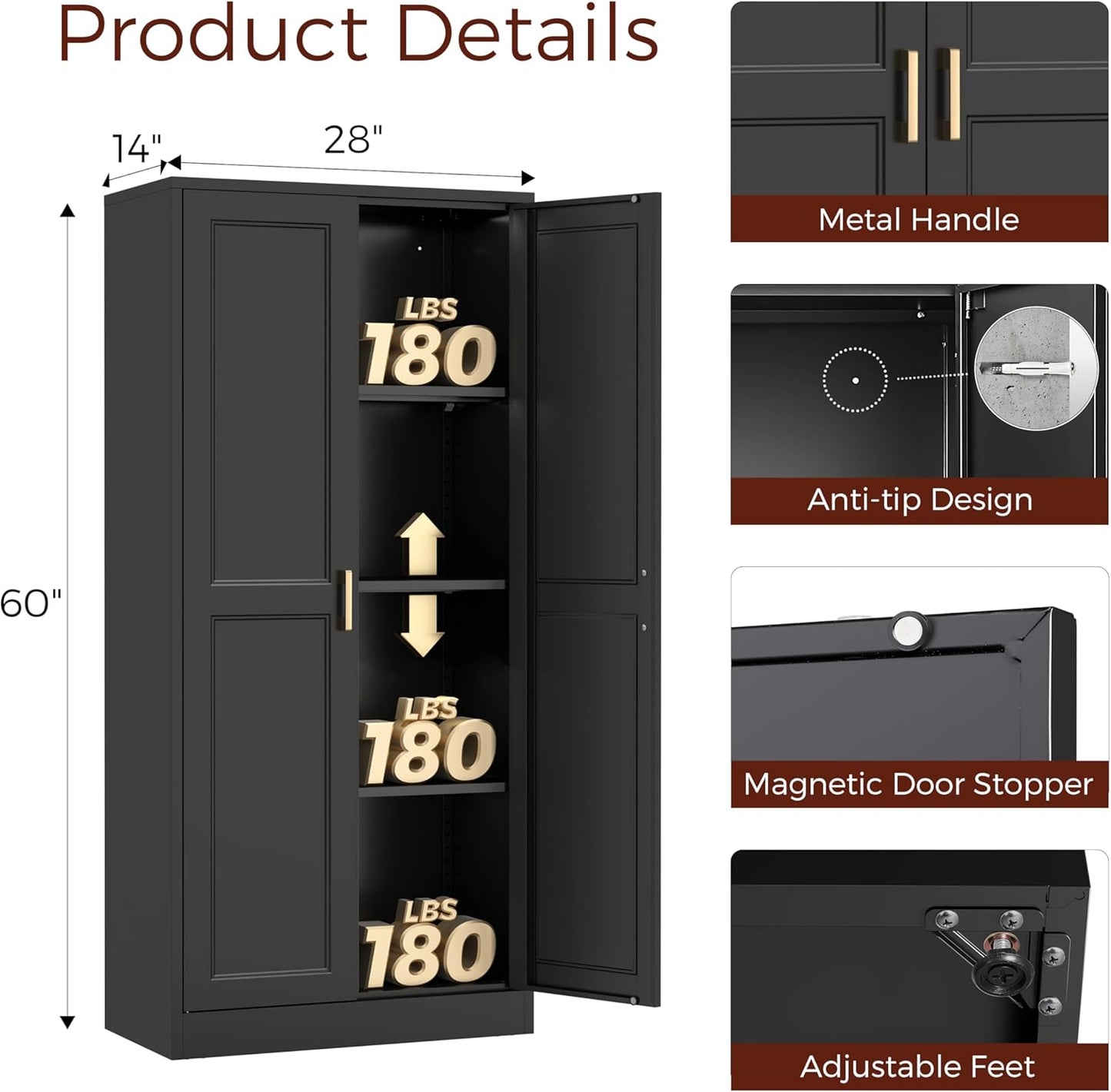 60" Tall Metal Pantry Cabinet, Black Kitchen Pantry Storage Cabinet with Doors and 3 Adjustable