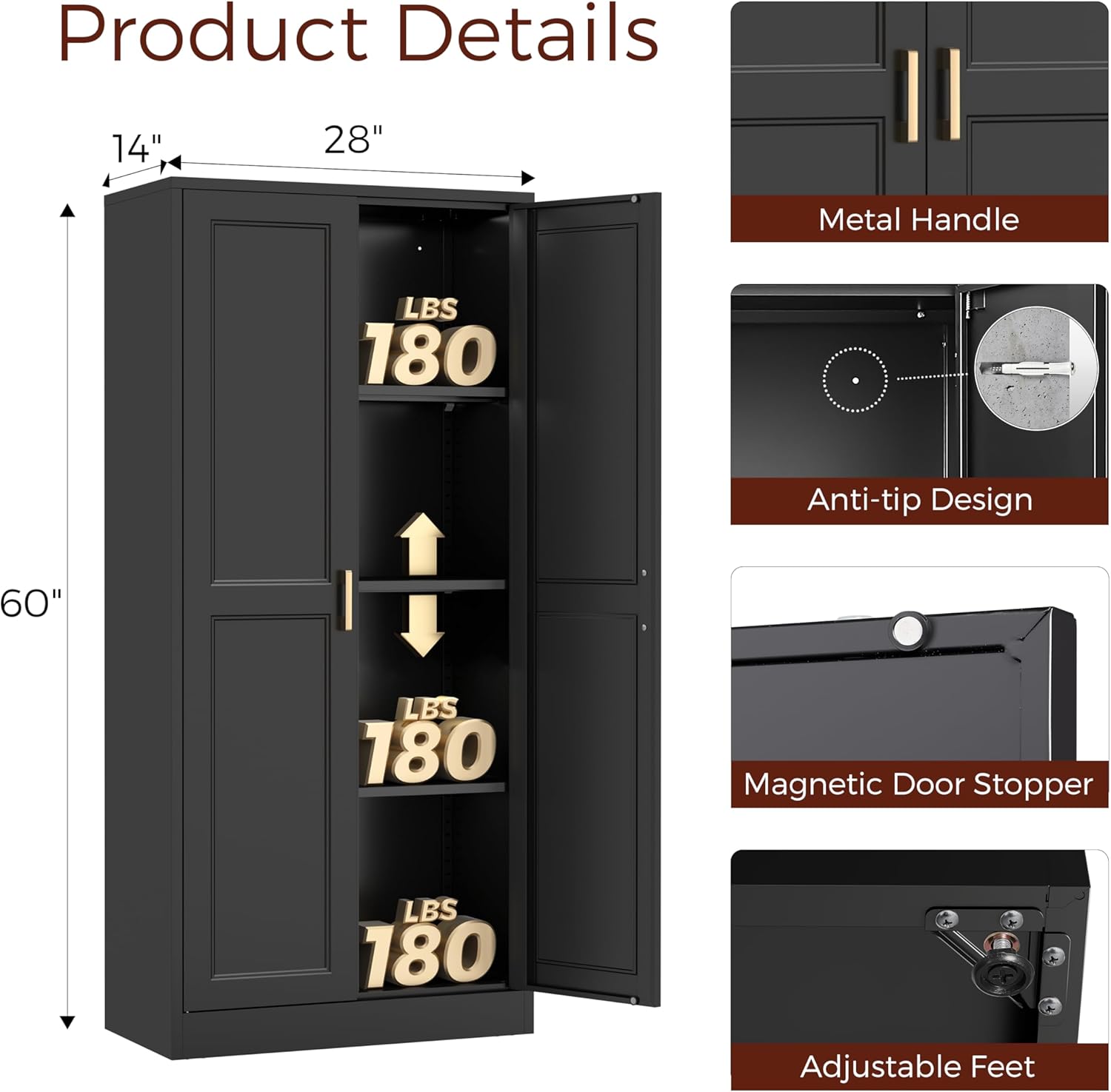 60" Tall Metal Pantry Cabinet, Black Kitchen Pantry Storage Cabinet with Doors and 3 Adjustable