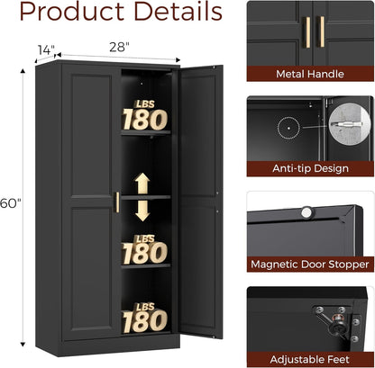 60" Tall Metal Pantry Cabinet, Black Kitchen Pantry Storage Cabinet with Doors and 3 Adjustable