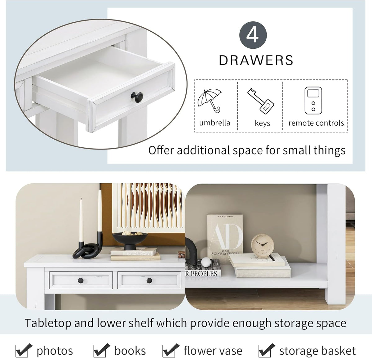 White Console Table,Solid Wood Sofa Table with 4 Drawers Hallway Table for Storage Entry Foyer