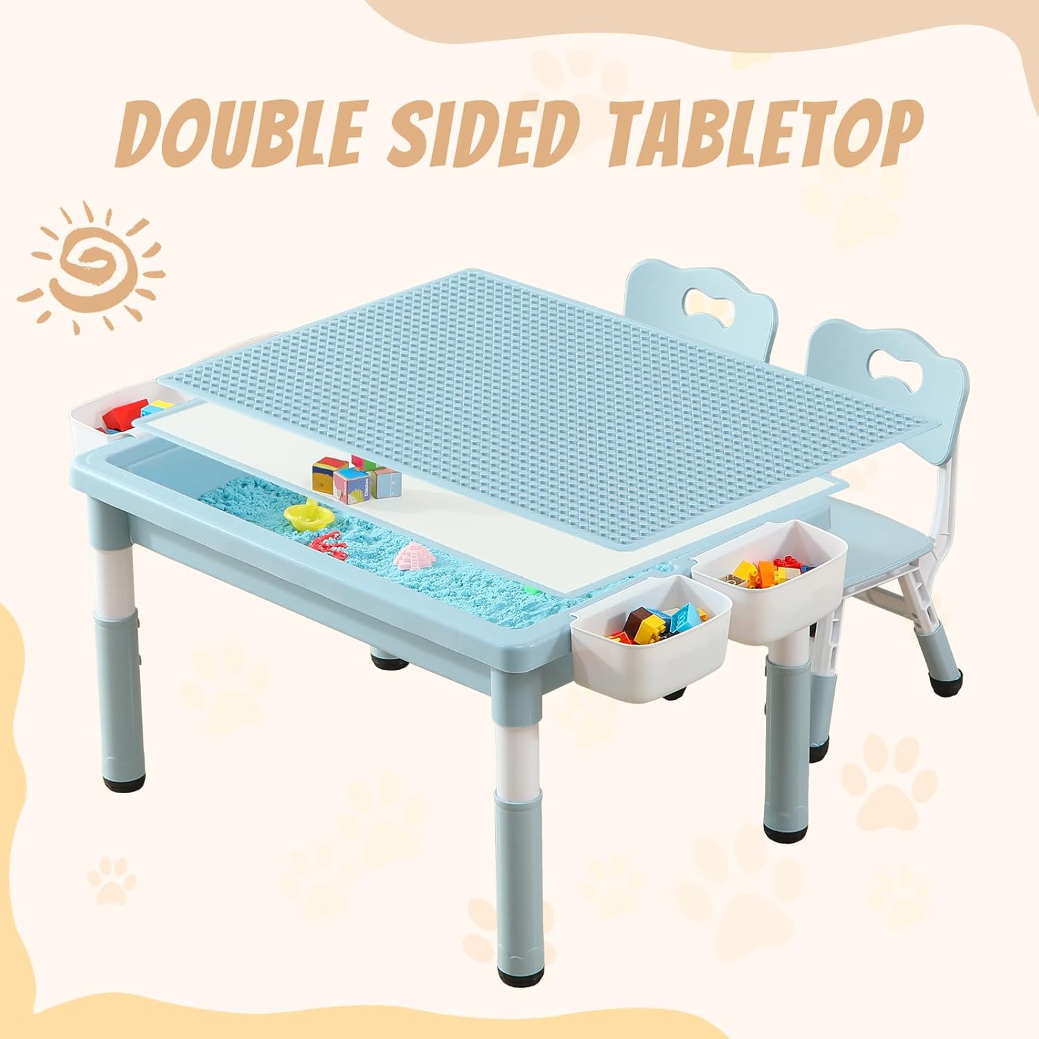 Multi Functional Kids Table and 2 Chairs Set, Graffiti & Building Blocks Double-Sided Tabletop