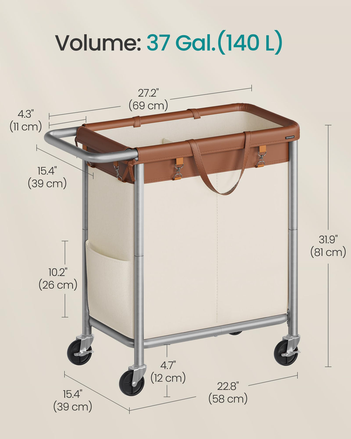 SONGMICS Laundry Basket with Wheels, 2-Section, 37.0 Gallons (140 L)