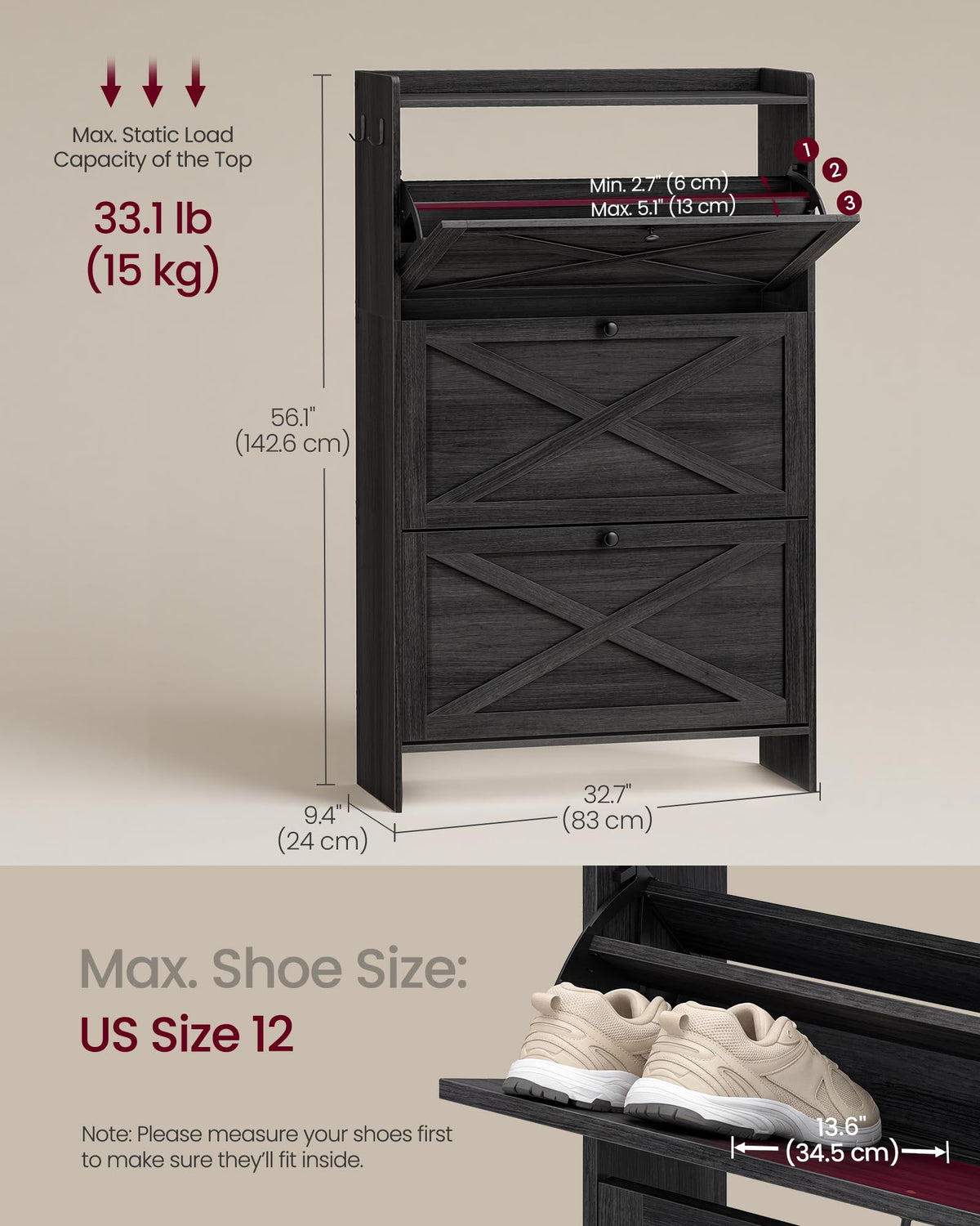 VASAGLE Shoe Storage Cabinet Organizer with 3 Flip Drawers, Freestanding Narrow Shoe Rack Cabinet