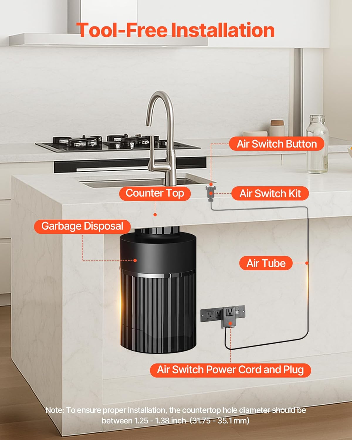 VEVOR Garbage Disposal Air Switch Kit, 3.5" Long Sink Top Air Switch for Food Waste Disposal