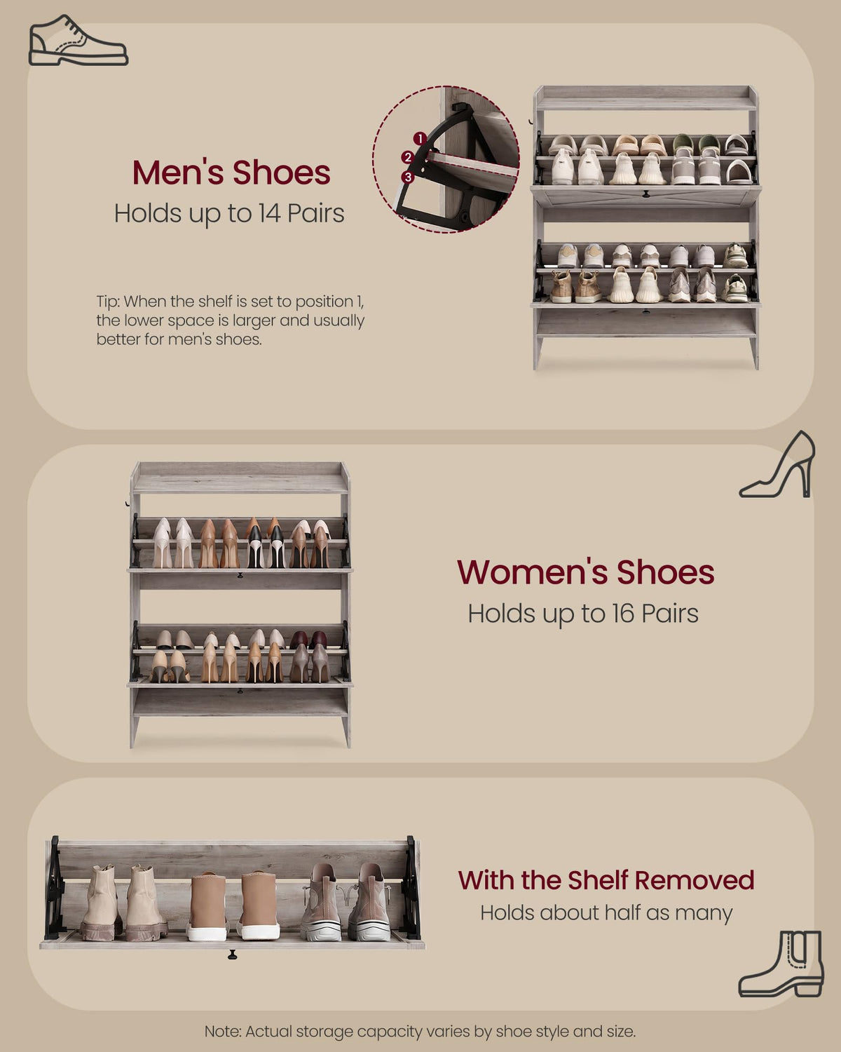 VASAGLE Shoe Storage Cabinet Organizer with 2 Flip Drawers, Freestanding Narrow Shoe Rack Cabinet