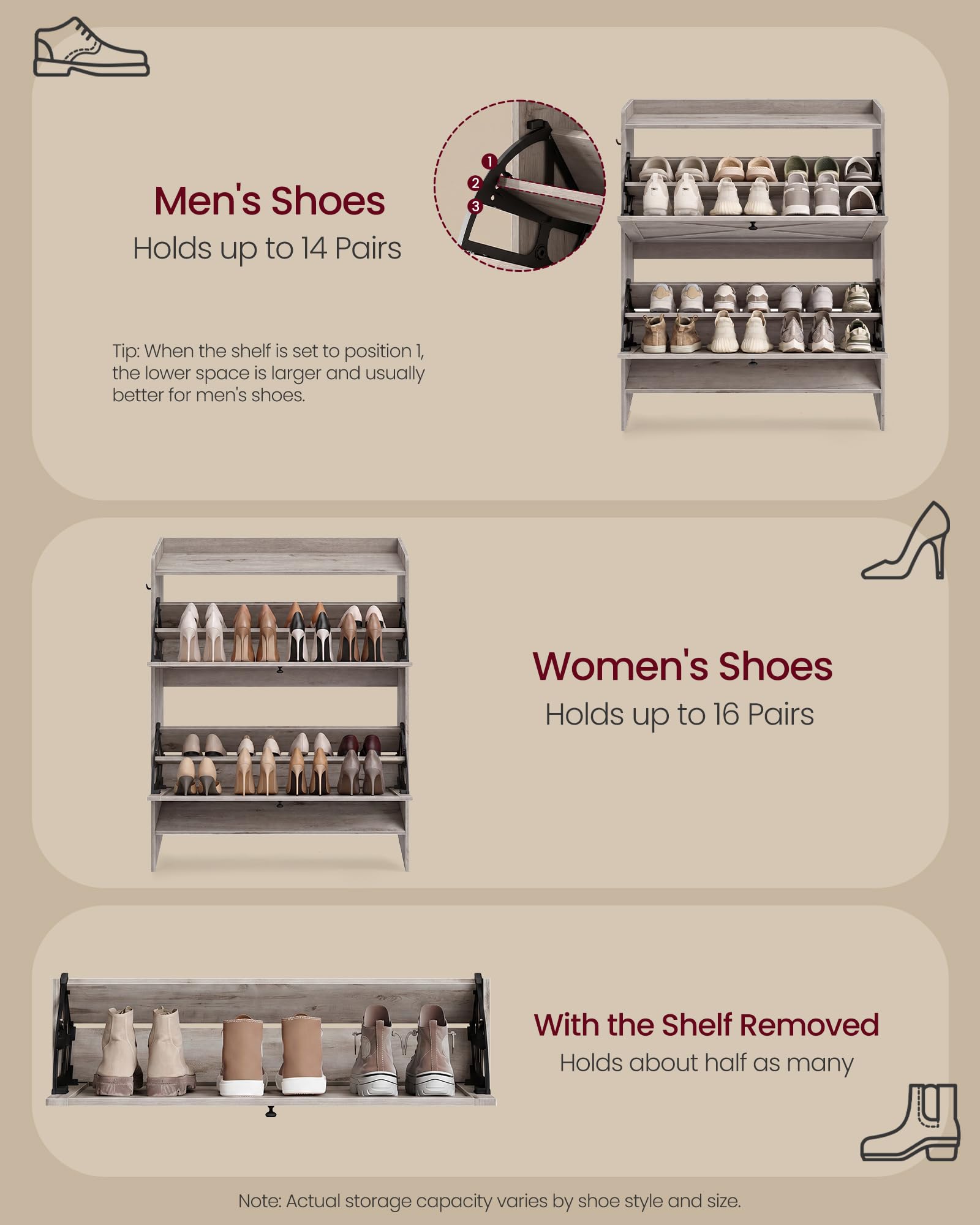 VASAGLE Shoe Storage Cabinet Organizer with 2 Flip Drawers, Freestanding Narrow Shoe Rack Cabinet