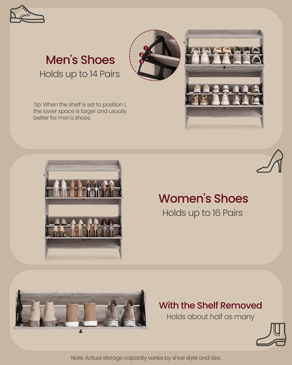 VASAGLE Shoe Storage Cabinet Organizer with 2 Flip Drawers, Freestanding Narrow Shoe Rack Cabinet