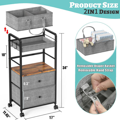 2IN1 Baby Diaper Caddy Organizer & 4-Tier Rolling Cart, Bedside Cart for Baby Essentials Nursery