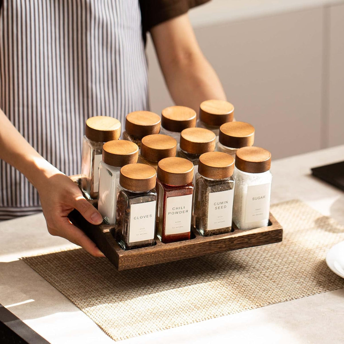 Yangbaga 24Pcs Glass Spice Jars with Labels-4oz Acacia Wood Lid Square Spice Containers and 2pcs