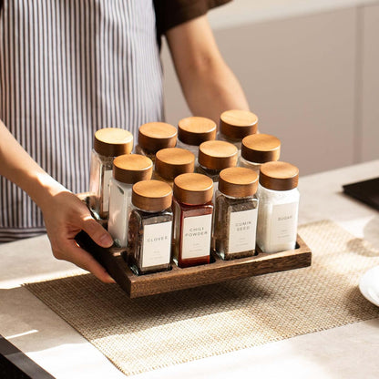 Yangbaga 24Pcs Glass Spice Jars with Labels-4oz Acacia Wood Lid Square Spice Containers and 2pcs