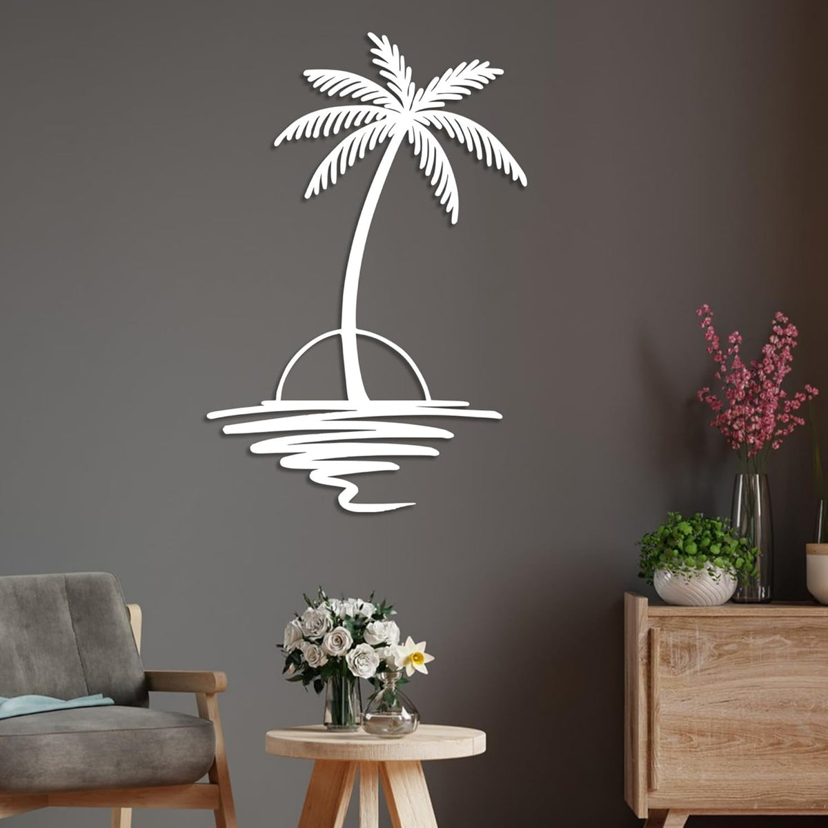 Metal Palm Tree with Sunset Wall Art, Large Outdoor Wall Decor, Tropical Beach Coastal Decor for