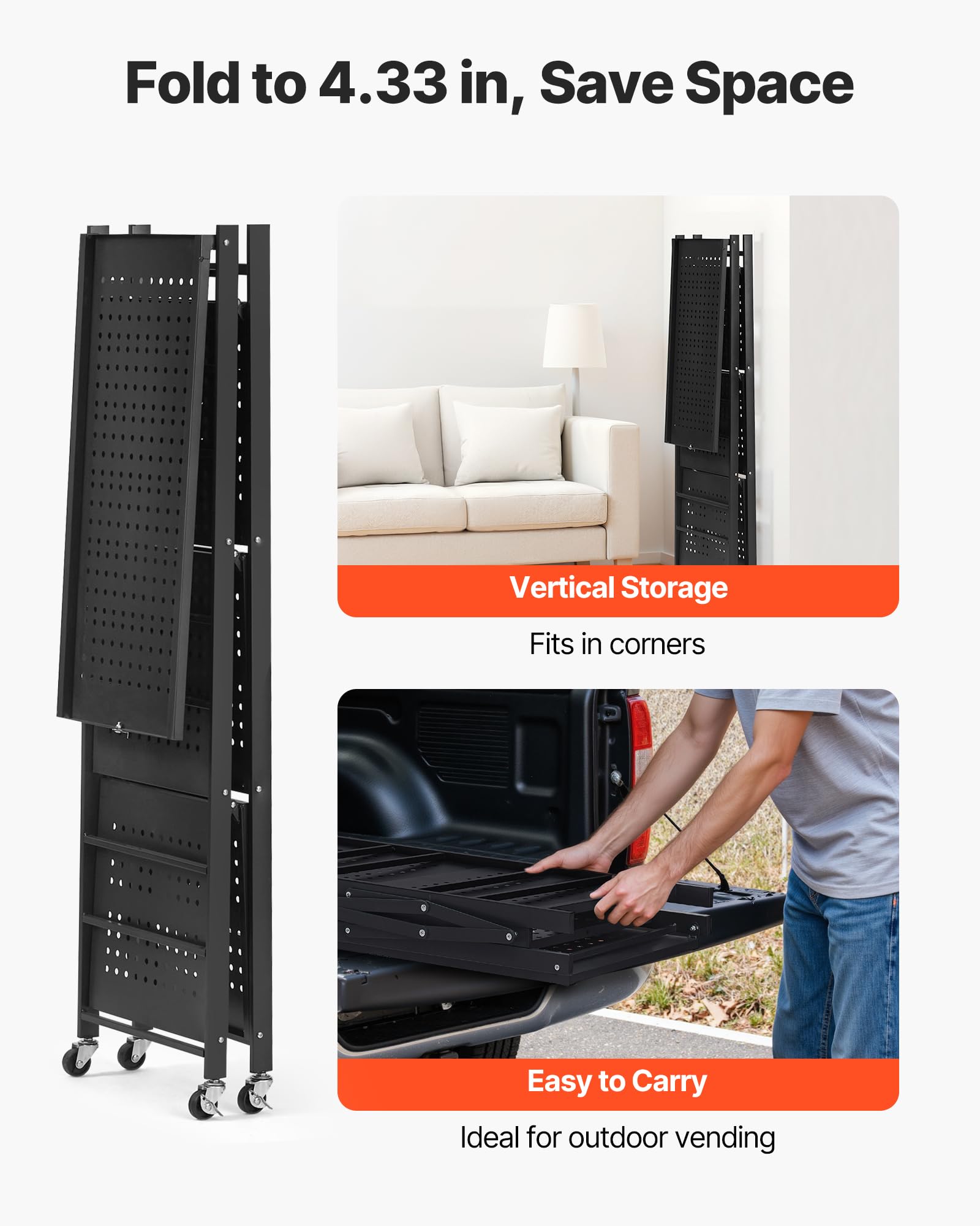 VEVOR 4-Tier Foldable Storage Shelf, 26W x 13D x 46H Inch Folding Metal Rack Shelving Unit, No