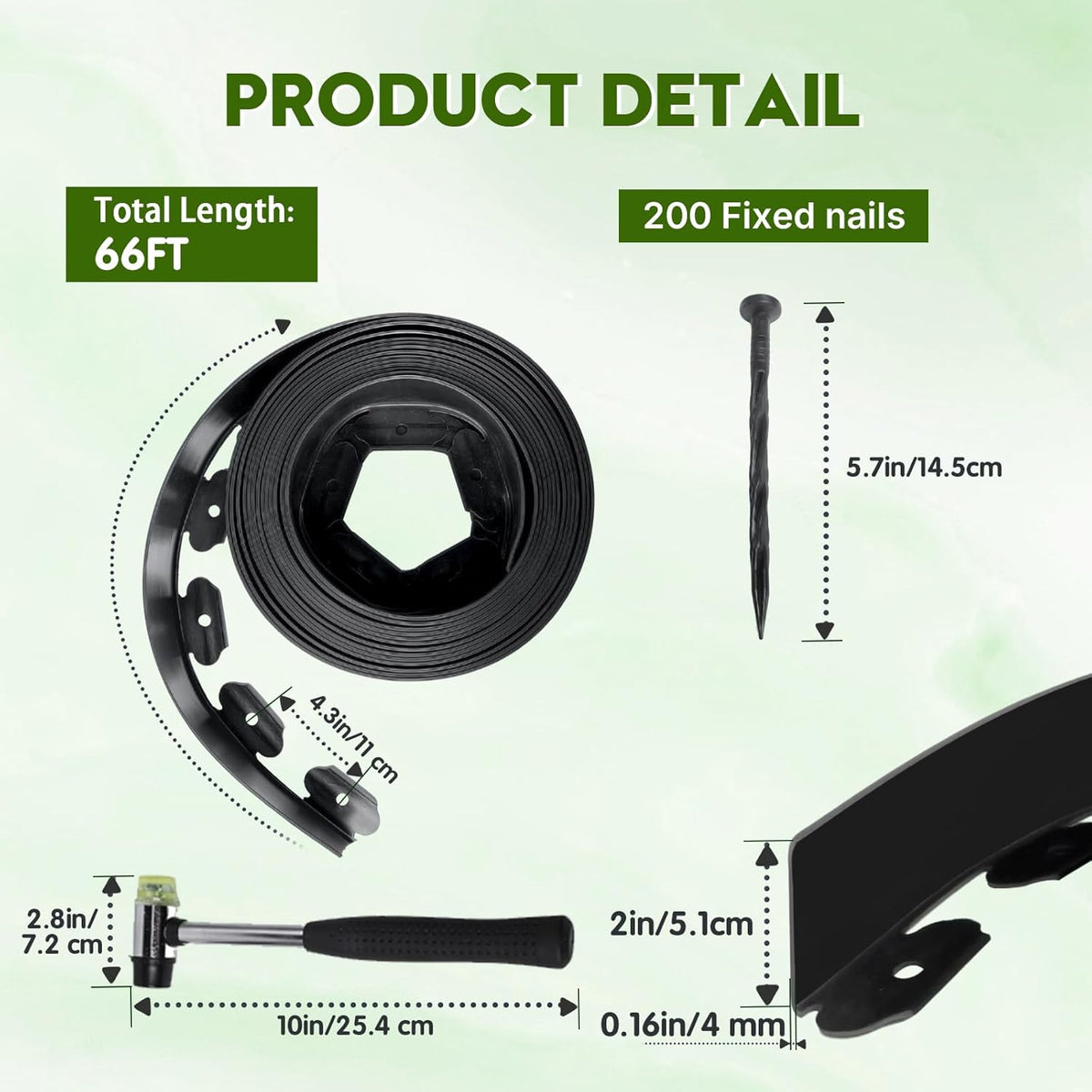 No Dig Landscape Edging 2" x 66FT Kit, Plastic Edging for Landscaping with 200 Spikes, for Garden