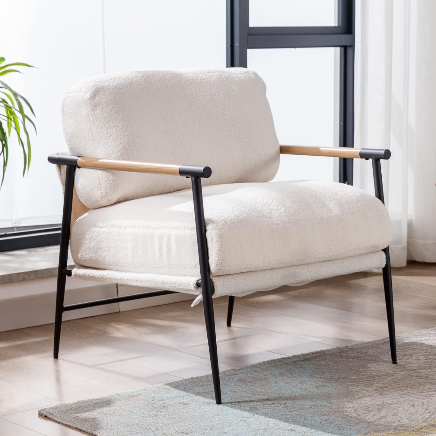 Mid-Century Accent Chair, Soft Armchair Sherpa Fabric Lounge Chair with Black Metal Legs