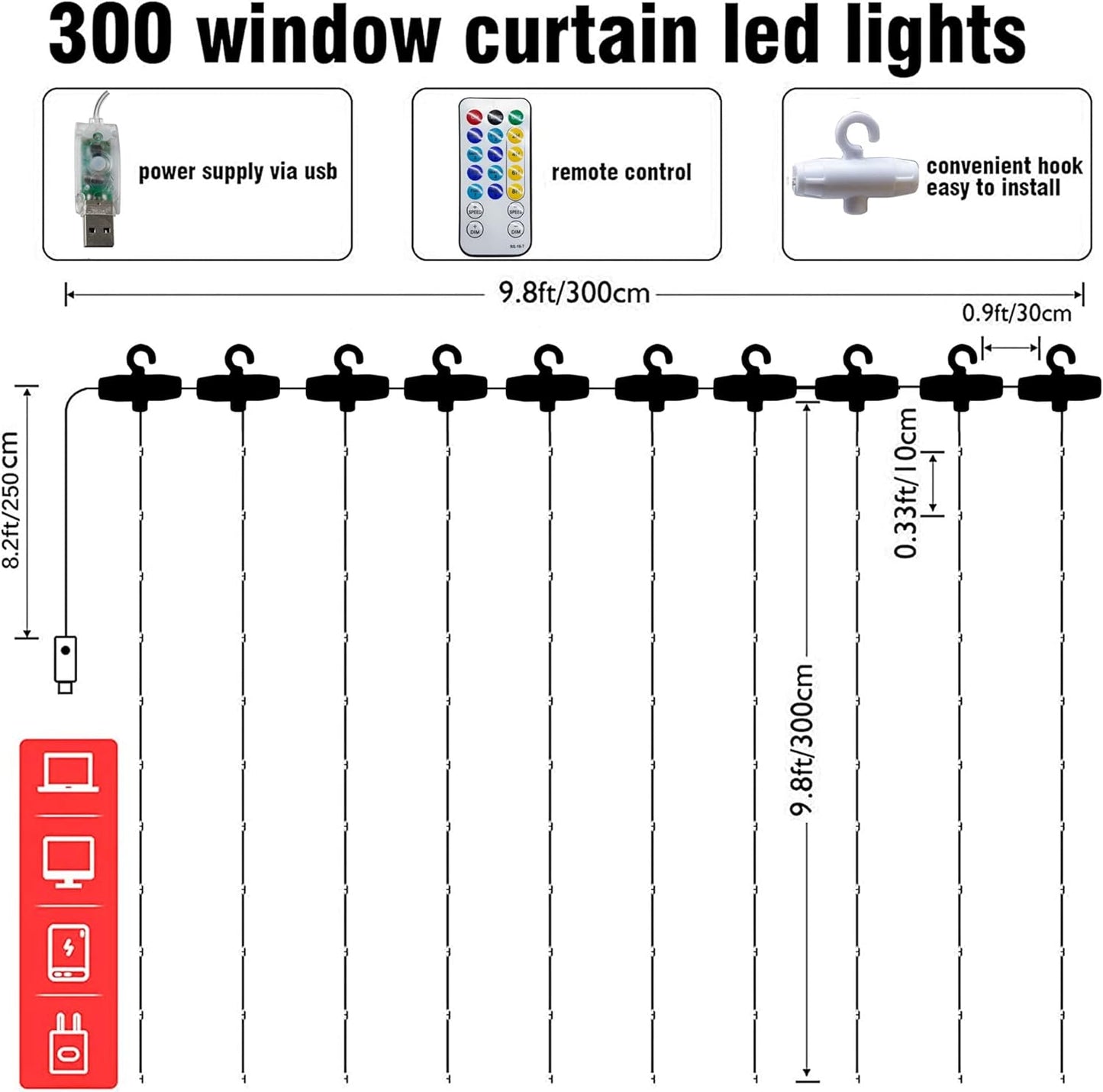 Dazzle Bright Curtain String Lights, 300 LED 9.8ft x 9.8ft 8 Lighting Modes Fairy Lights USB